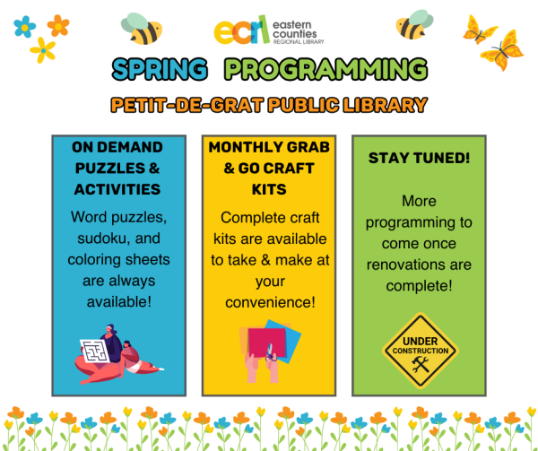 Spring Programming at Petit-de-Grat Public Library. ON DEMAND PUZZLES & ACTIVITIES: Word puzzles, sudoku, and coloring sheets are always available! MONTHLY GRAB & GO CRAFT KITS Complete craft kits are available to take & make at your convenience! STAY TUNED More programming to come once renovations are complete!