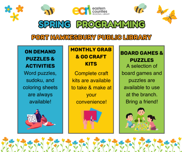 Spring Programming at Port Hawkesbury Public Library. ON DEMAND PUZZLES & ACTIVITIES: Word puzzles, sudoku, and coloring sheets are always available! MONTHLY GRAB &GO CRAFT KITS Complete craft kits are available to take & make at your convenience! BOARD GAMES & PUZZLES A selection of board games and puzzles are available to use at the branch. Bring a friend!