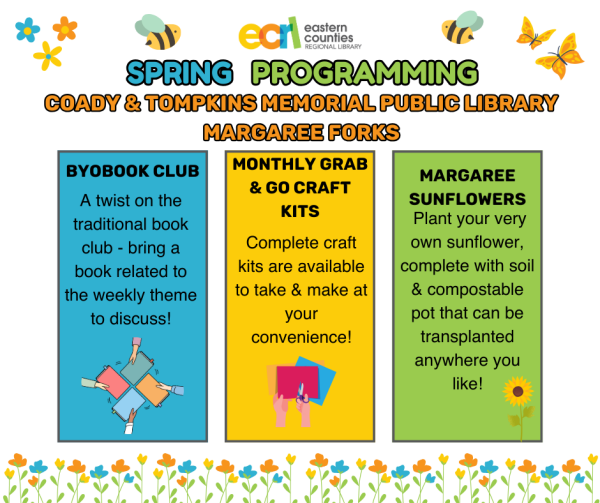 Spring Programming at Coady & Tompkins Memorial Public Library in Margaree Forks. BYOBook Club A twist on the traditional book club - bring a book related to the weekly theme to discuss! MONTHLY GRAB &GO CRAFT KITS Complete craft kits are available to take & make at your convenience! MARGAREE SUNFLOWERS Plant you very own sunflower, complete with soil & compostable pot that can be transplanted anywhere you like!