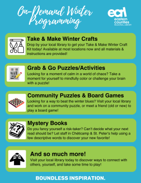 Poster with blue background and 6 green blocks of text promoting on demand programs at ECRL (craft kits, activity sheets and puzzles, community games and puzzle stations, mystery books, and more